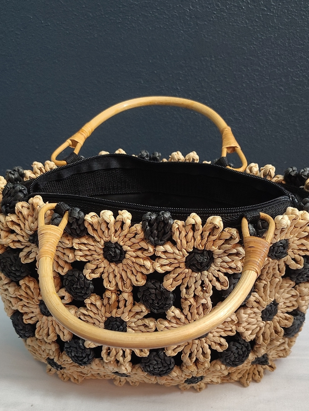 F.L.A.G Summer Chic Handcrafted Raffia Daisy Tote - Natural & Black